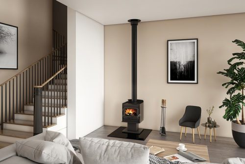 Nectre Wood Heater with Pedestal in room, Available at Obrien's Wangaratta Heating Cooling & Plumbing